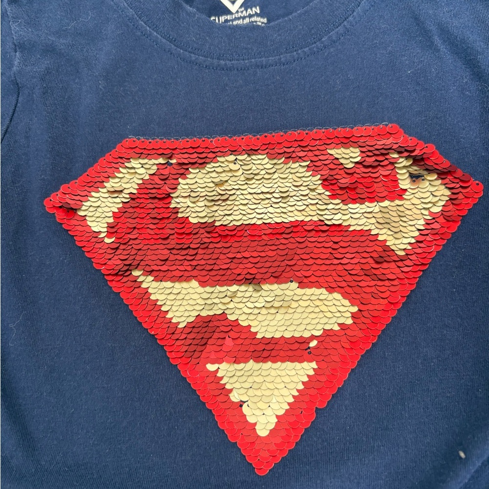 Superman Girls Size 6 Tee Shirt Navy Short Sleeve DC Comics  Sparkes - Picture 2 of 5